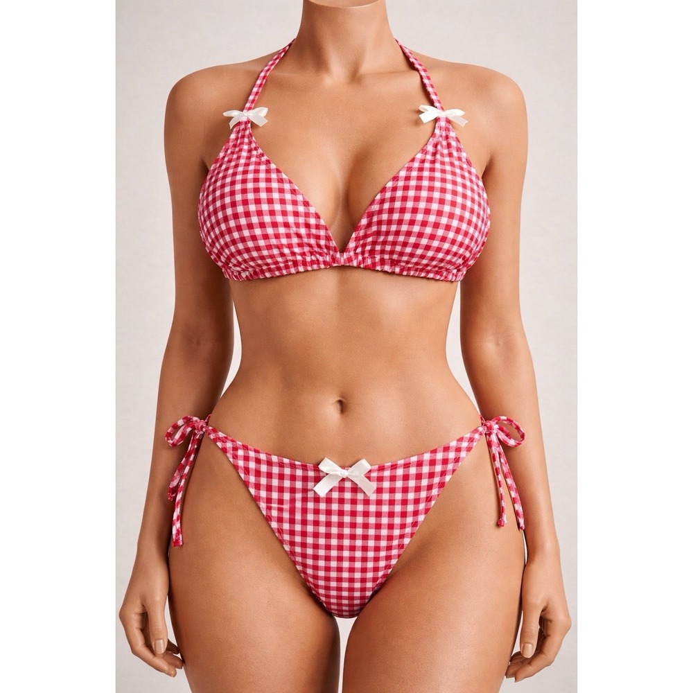 Gingham Bikini Set Womens Pink Coquette Bow Tie Side Triangle Swim Cottagecore